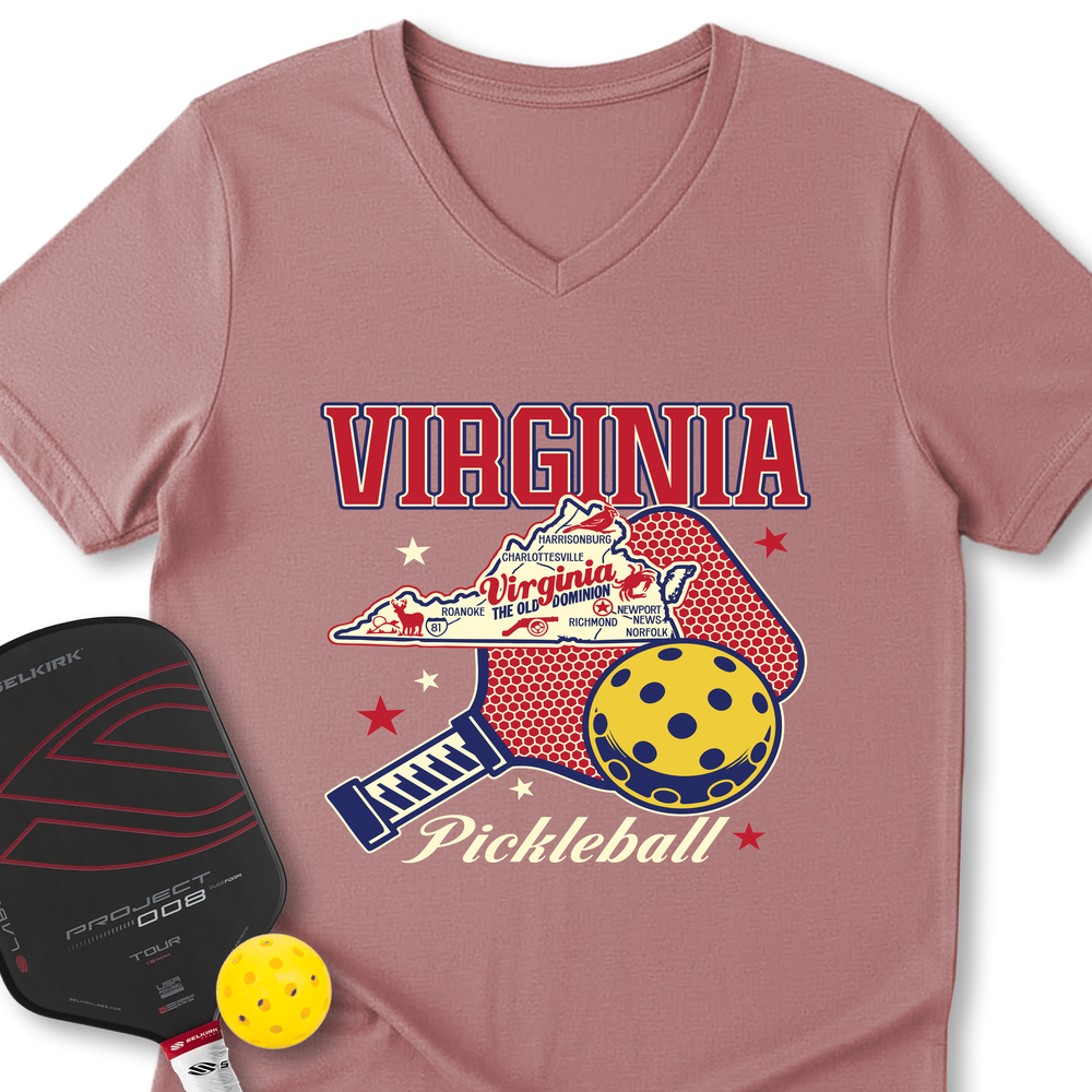 Virginia Pickleball State Map Graphic V-Neck T-Shirt - Picklechillz