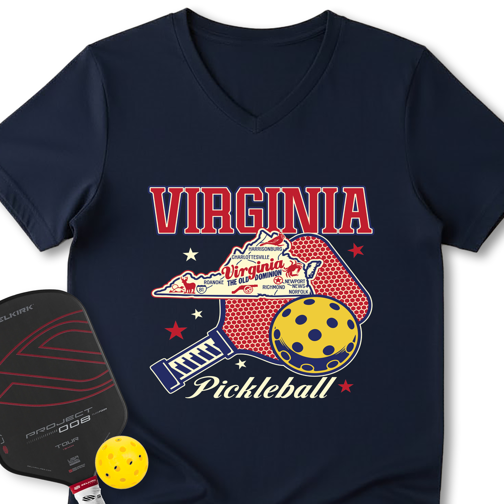 Virginia Pickleball State Map Graphic V-Neck T-Shirt - Picklechillz
