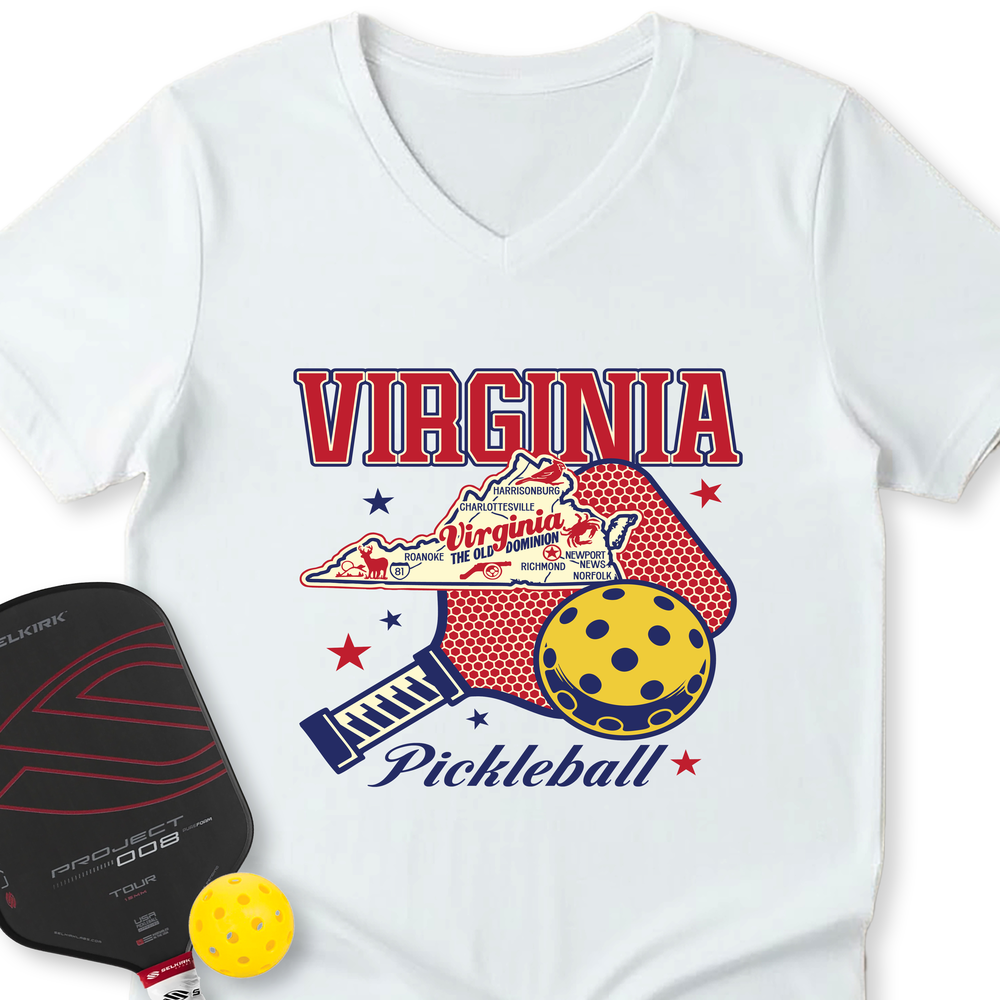 Virginia Pickleball State Map Graphic V-Neck T-Shirt - Picklechillz