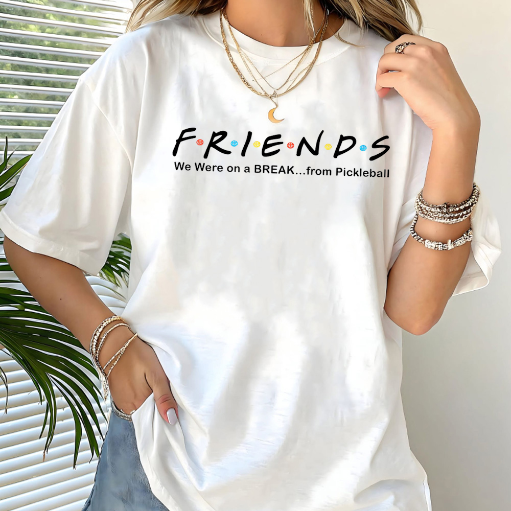 Person wearing a white t-shirt with 'FRIENDS' text and humorous modification.