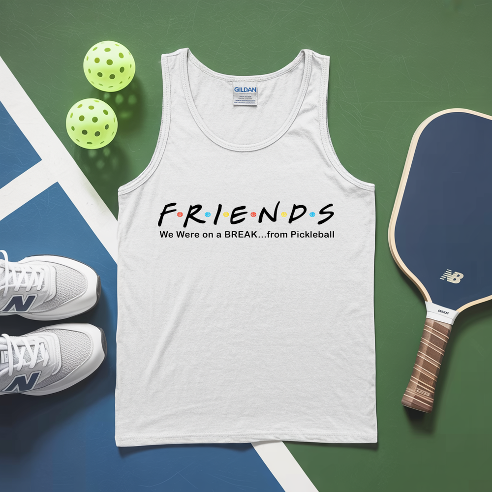 White tank top with 'FRIENDS' text, pickleballs, and a paddle on a green and blue surface
