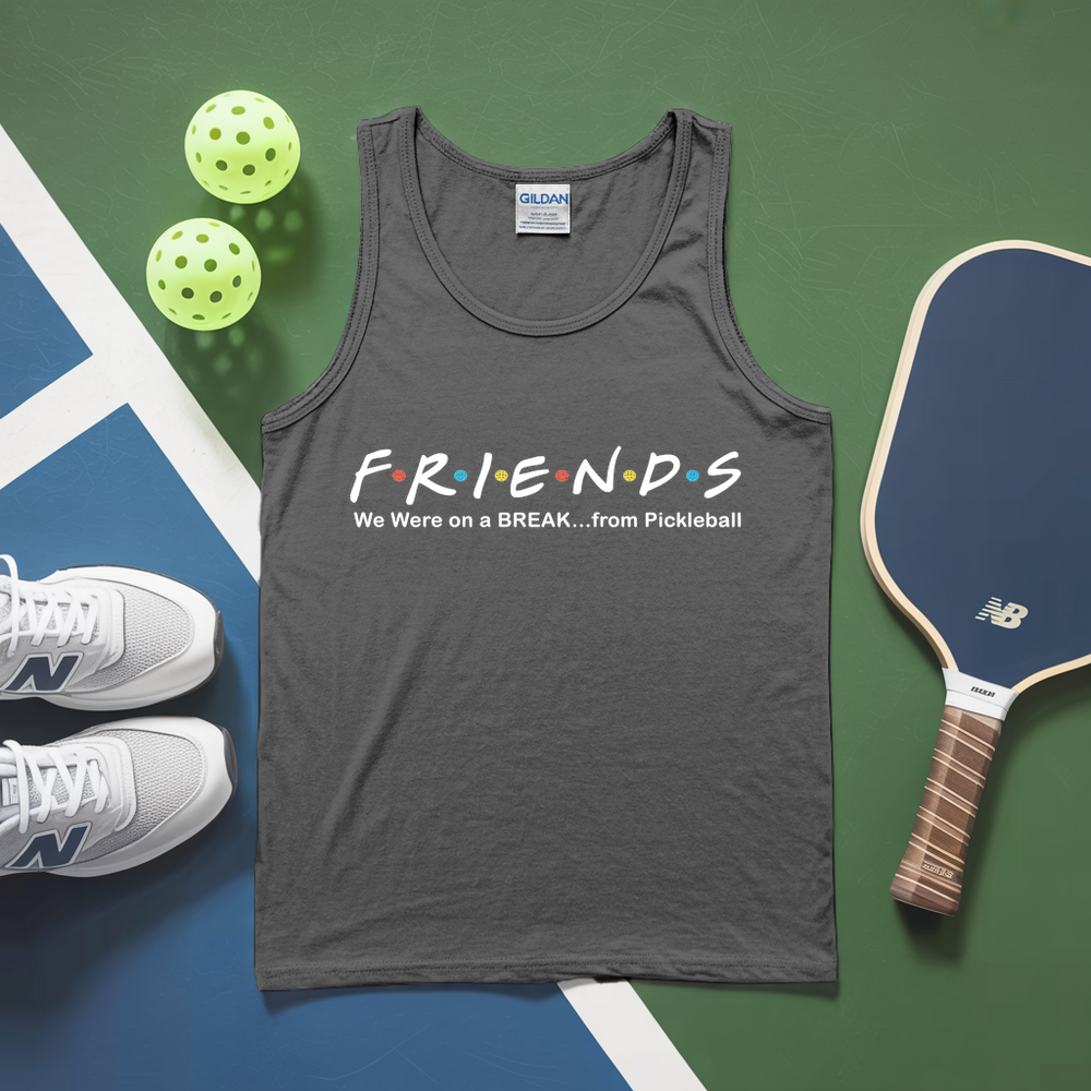 Gray tank top with 'FRIENDS' text, pickleballs, and a paddle on a green and blue surface