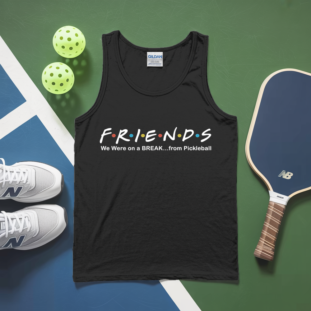 Black tank top with 'Friends' text on a pickleball court with balls and paddle.