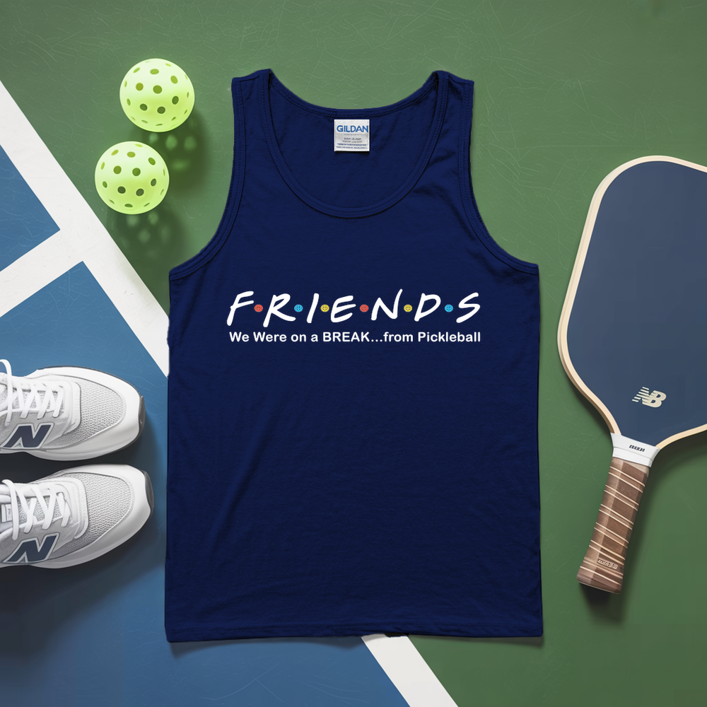 Black tank top with 'Friends' text on a pickleball court with balls and paddle.
