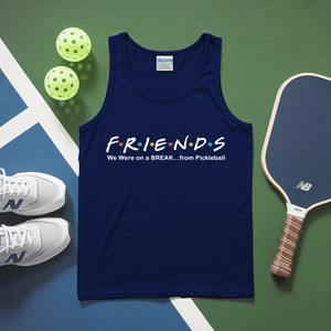 Blue tank top with 'Friends' text on a pickleball court with balls and paddle.