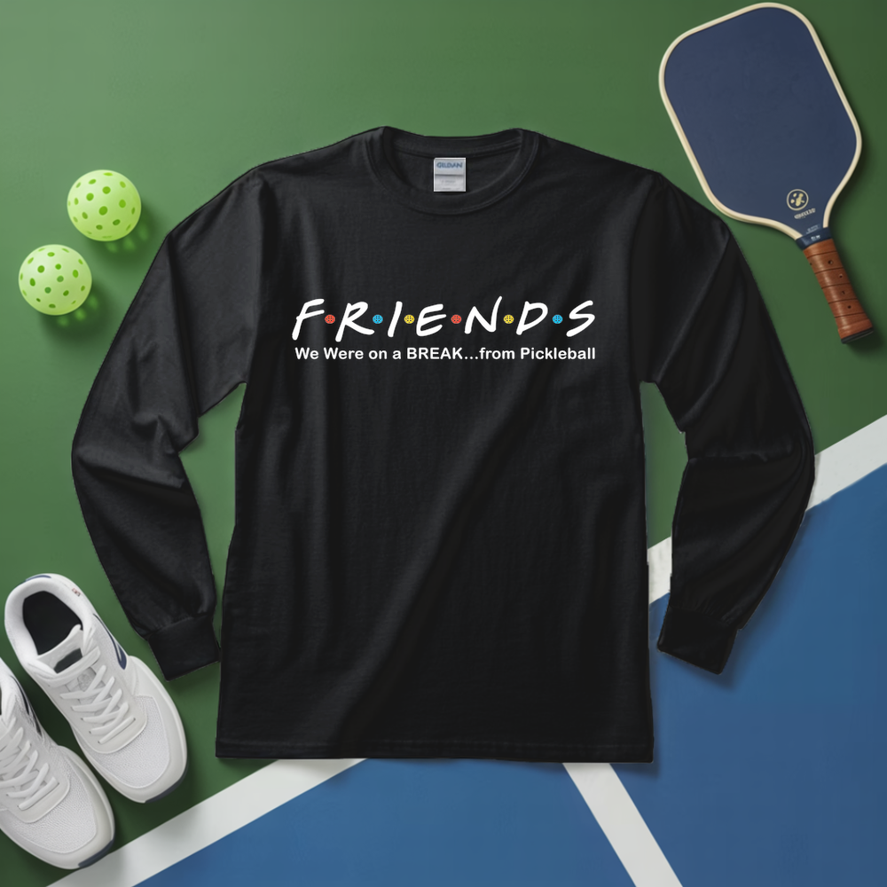 Black long-sleeve shirt with 'FRIENDS' design on a pickleball court background