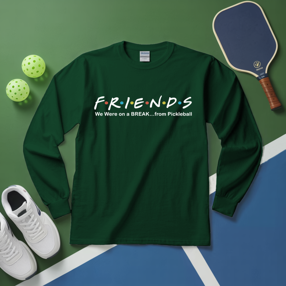 Green long-sleeve shirt with 'FRIENDS' text on a pickleball court background