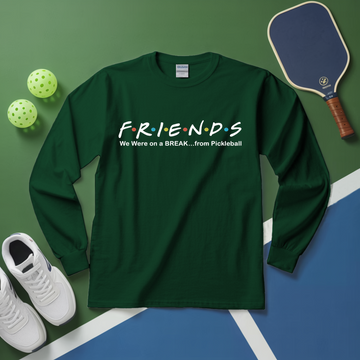 Green long-sleeve shirt with 'FRIENDS' text on a pickleball court background