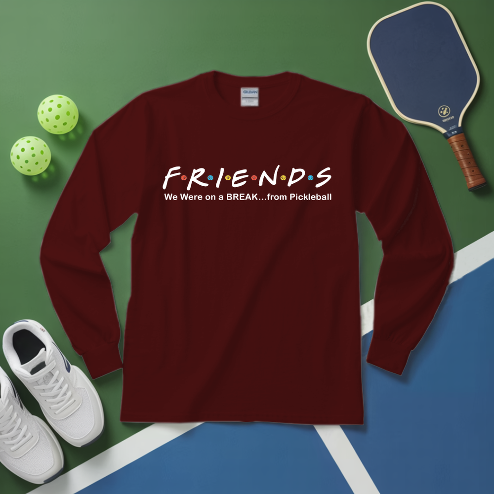 Maroon long-sleeve shirt with 'FRIENDS' design on a pickleball court background