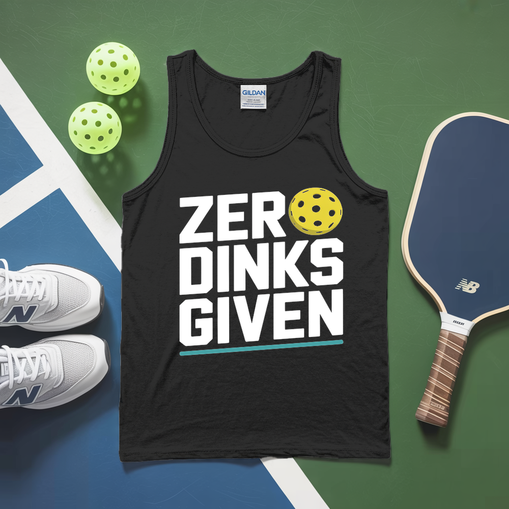 Black tank top with 'ZERO DINKS GIVEN' text, pickleball paddles, and balls on a green and blue background