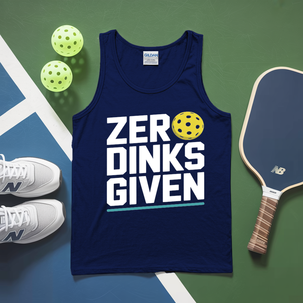 Navy tank top with 'ZERO DINKS GIVEN' text, pickleball paddles, and balls on a green and blue background