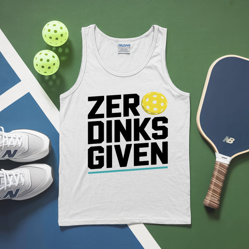 White tank top with 'ZER DINKS GIVEN' text, pickleball paddles, and balls on a green and blue surface.