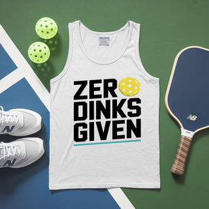 White tank top with 'ZER DINKS GIVEN' text, pickleball paddles, and balls on a green and blue surface.