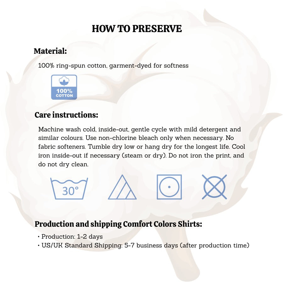 Care instructions for a shirt with icons and text on a white background