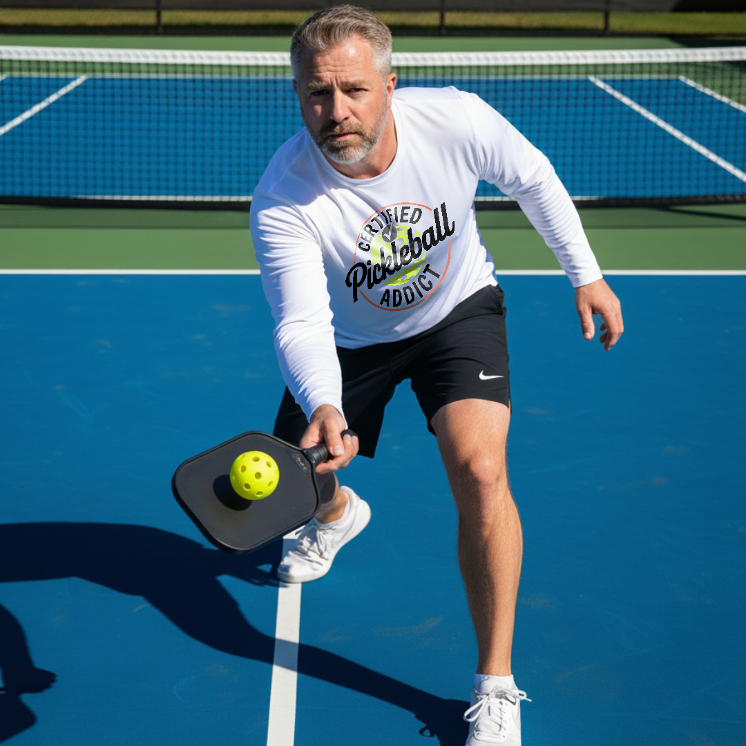 Man playing pickleball on a court wearing a 'Pickleball Addict' shirt.