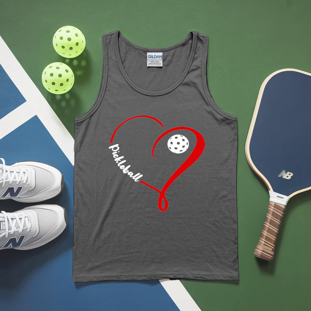 Gray tank top with pickleball design on a green and blue surface with pickleballs and a paddle.