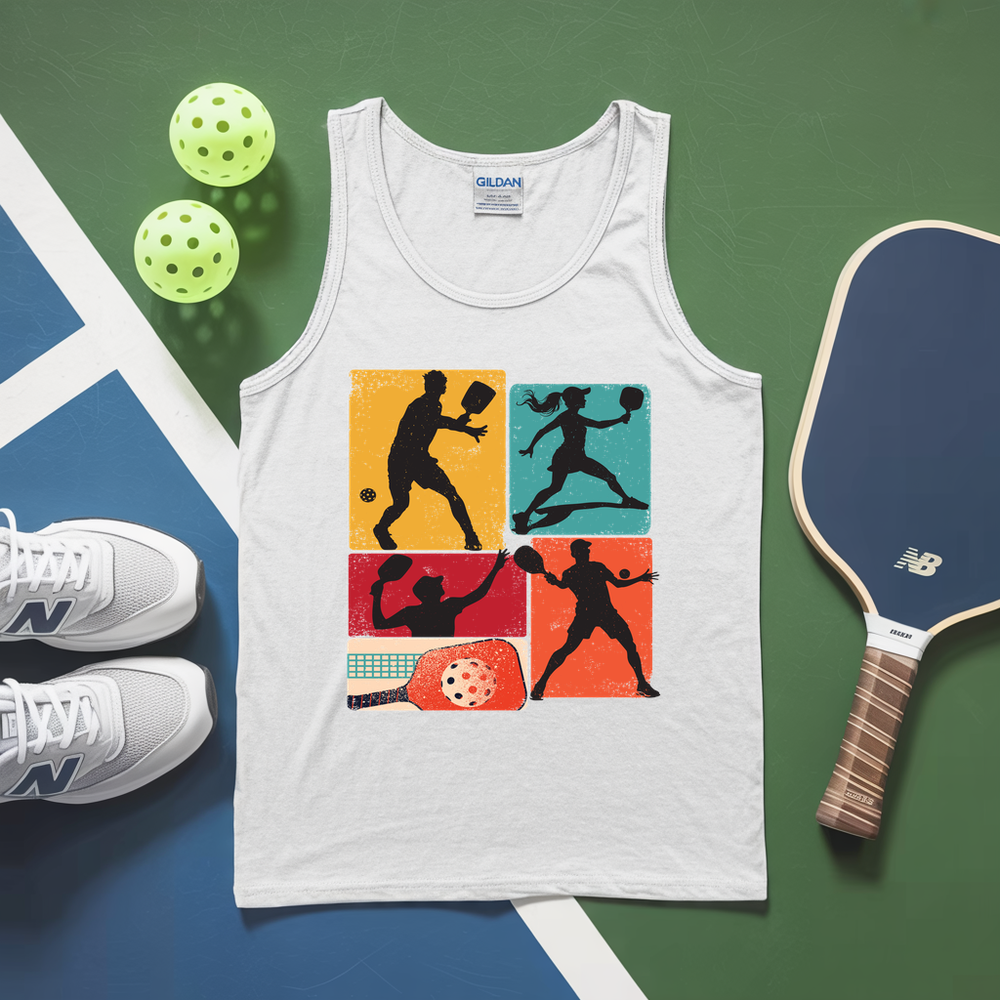White tank top with pickleball design, pickleballs, and paddle on a green and blue surface
