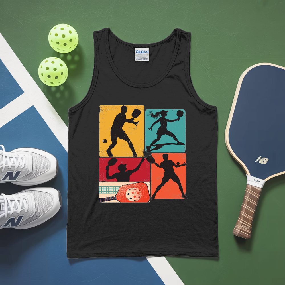 Black tank top with pickleball design, white sneakers, and paddle on a green and blue surface