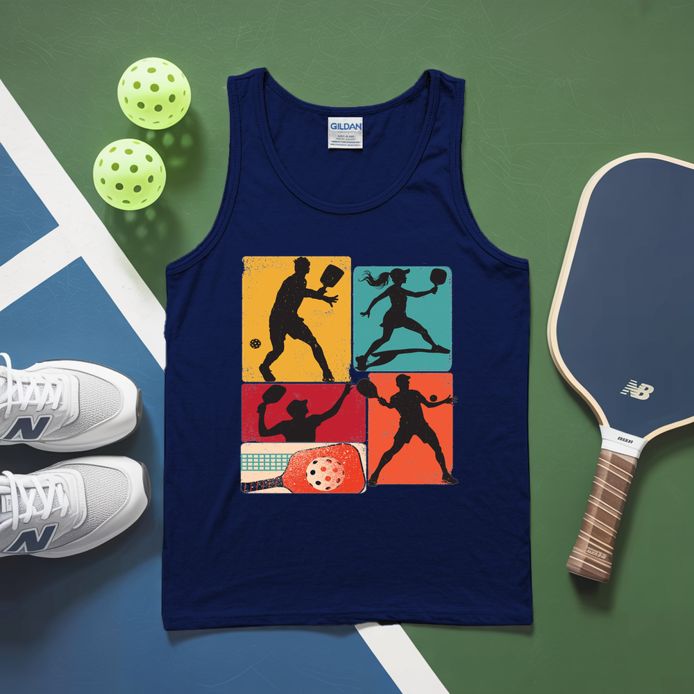Navy tank top with pickleball design on a green and blue surface with pickleballs and paddle.