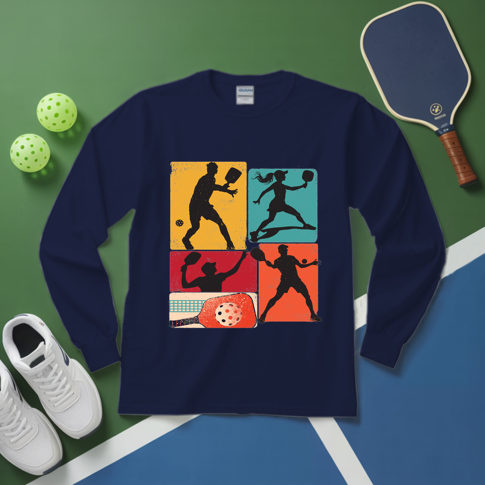 Navy blue sweatshirt with pickleball design on a green and blue court background