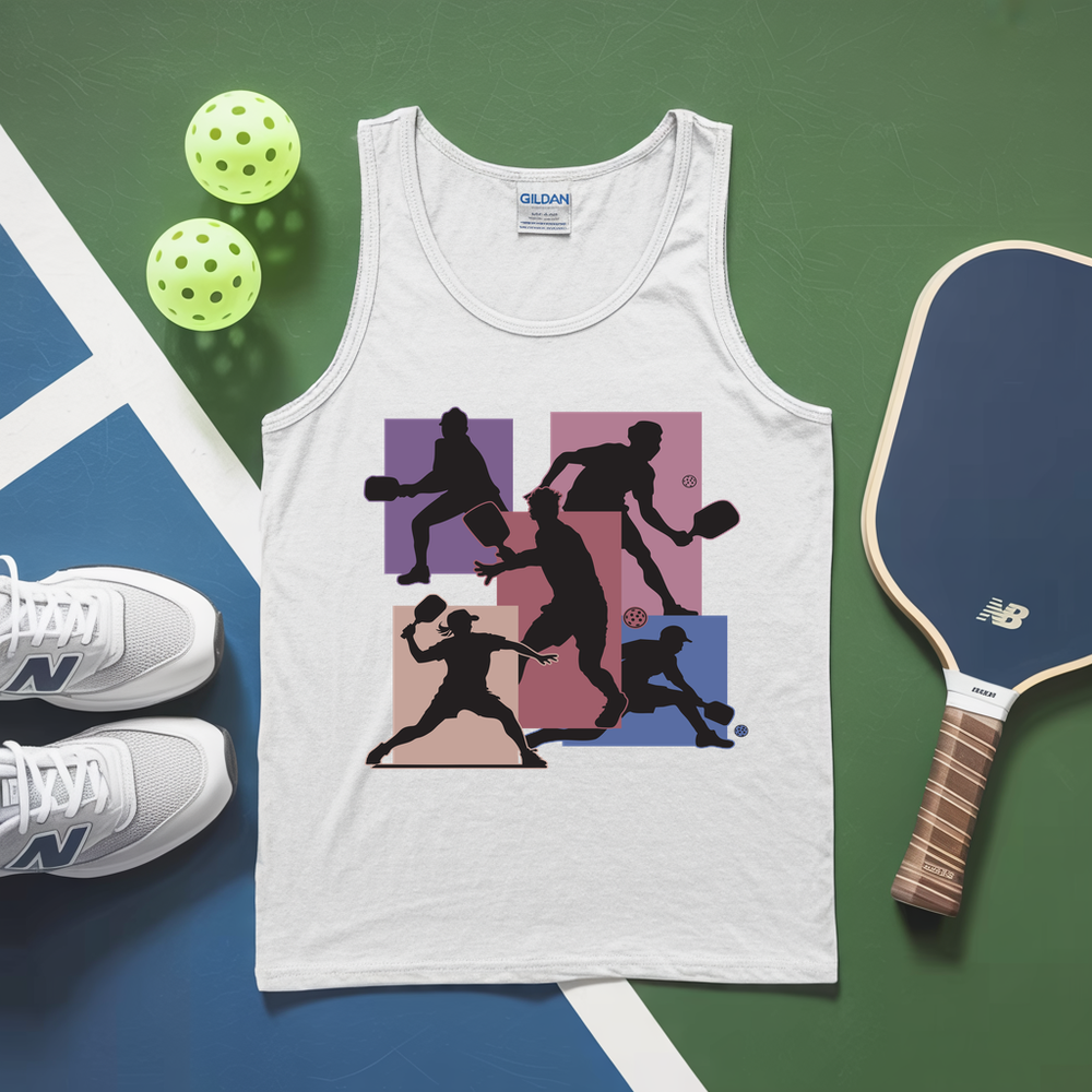 White tank top with pickleball player design, white sneakers, and pickleballs on a green and blue background