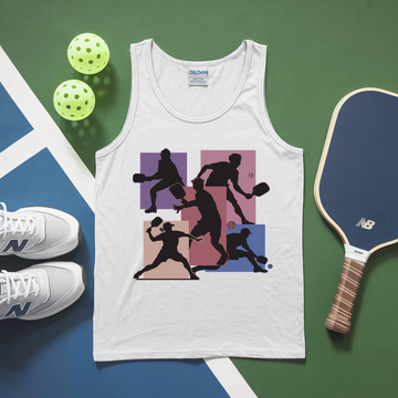 White tank top with pickleball player design, white sneakers, and pickleballs on a green and blue background