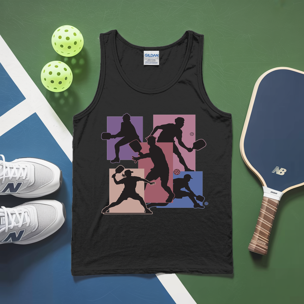 Black tank top with sports-themed design, white sneakers, pickleballs, and a paddle on a green and blue background.