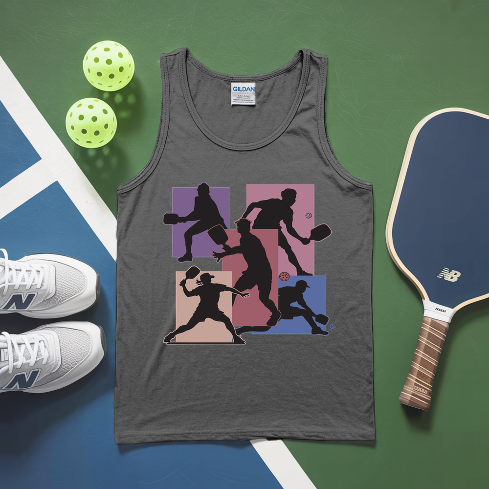 White tank top with pickleball player design, white sneakers, and pickleballs on a green and blue background