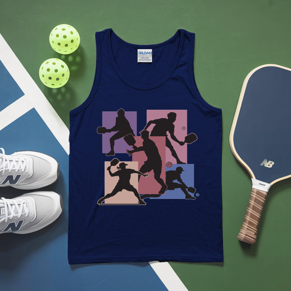 Navy tank top with pickleball player design on a green and blue surface with pickleballs and paddle.