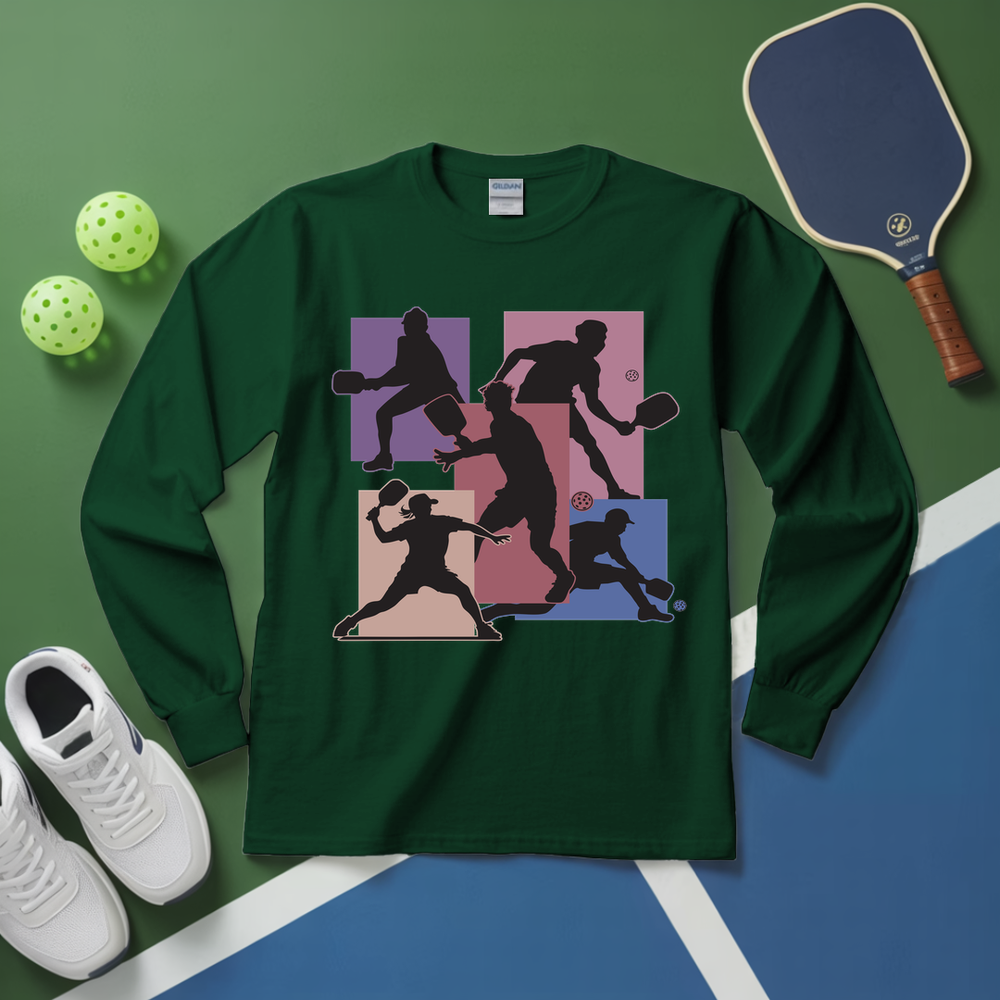Green long-sleeve shirt with pickleball player design on a green and blue court background.