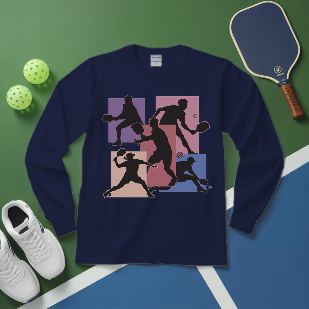 Navy blue long-sleeve shirt with pickleball player design on a green and blue court background.