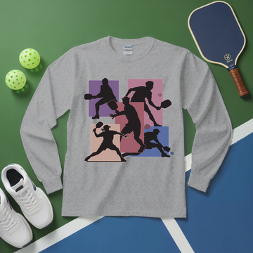 Gray long-sleeve shirt with pickleball player graphic on a green and blue background with pickleball equipment.