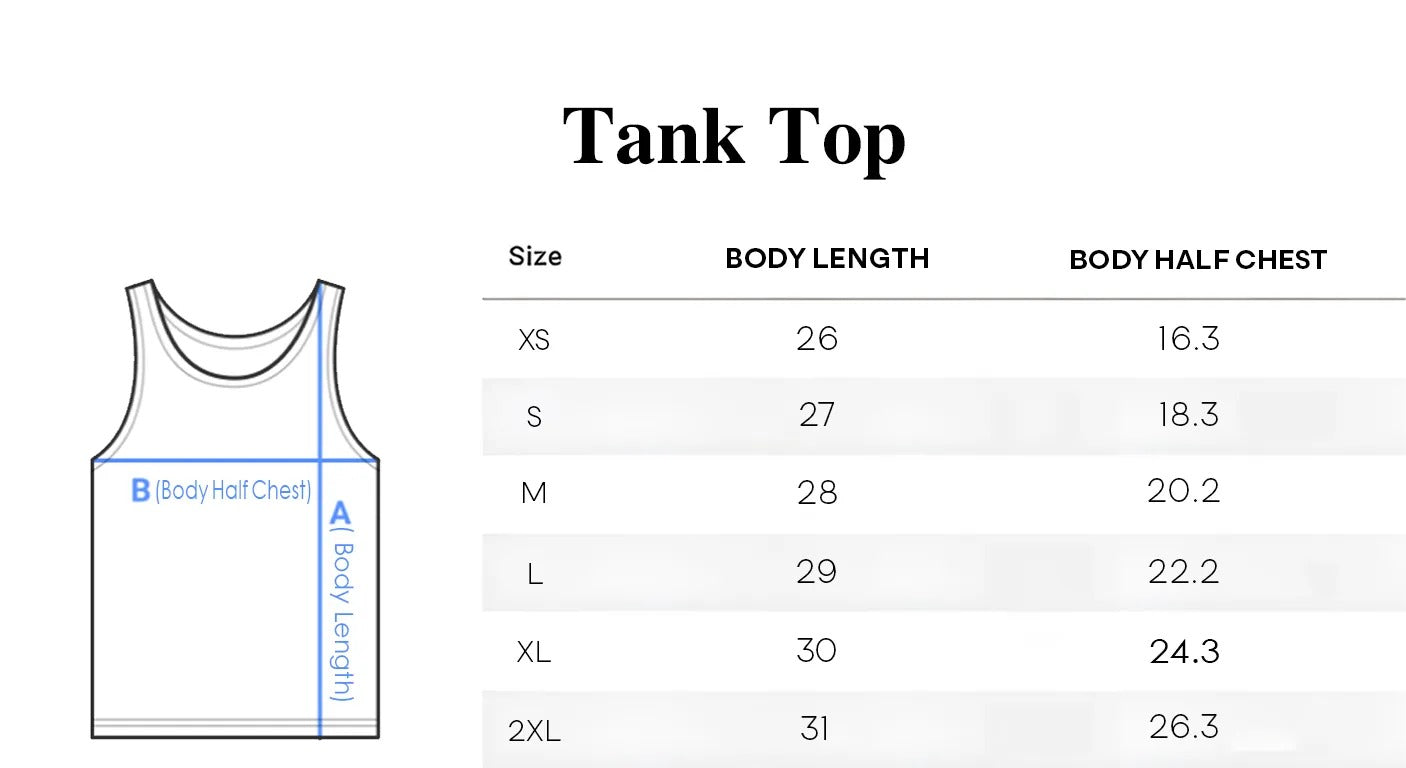 Tank top size chart with measurements for body length and half chest.