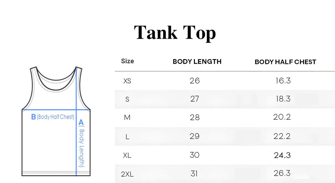 Tank top size chart with measurements for body length and half chest.