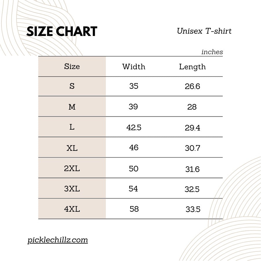 Size chart for unisex t-shirts with dimensions in inches on a white background.