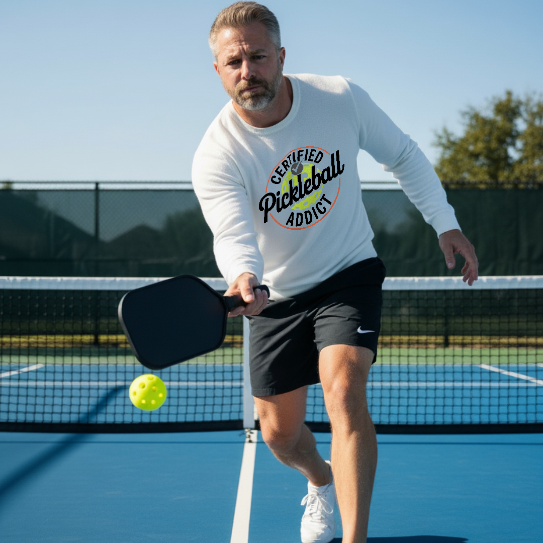 Man playing pickleball on a court wearing a 'Certified Pickleball Addict' shirt.