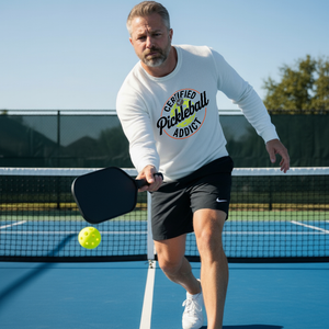 Man playing pickleball on a court wearing a 'Certified Pickleball Addict' shirt.