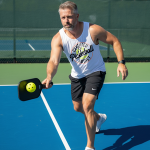 Man playing pickleball on a court wearing a 'Certified Pickleball Addict' shirt.
